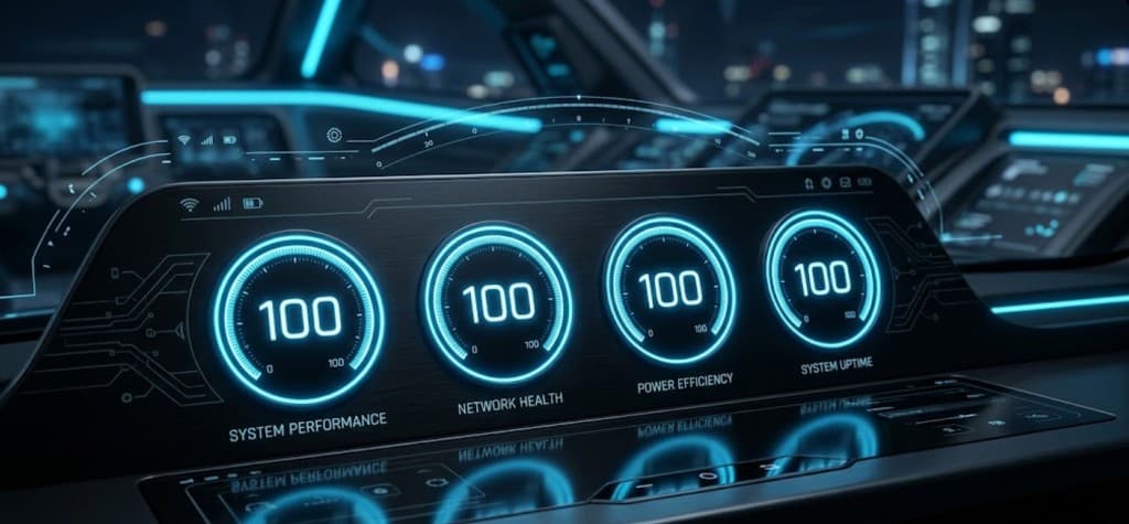 Futurystyczny pulpit kontrolny ze wskaźnikami 100% dla wydajności systemu, sieci, energii i dostępności — wizualna metafora wyniku Lighthouse 100/100 dla witryny DC House.