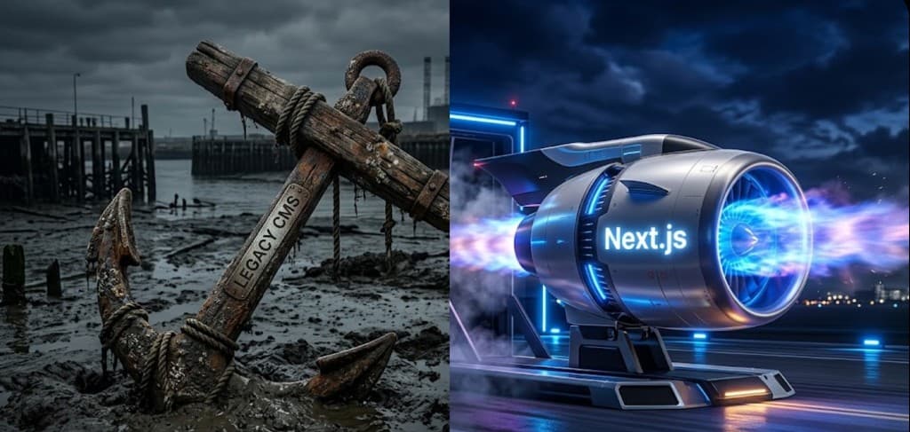 Porównanie wolnego Legacy CMS (kotwica w błocie) z szybkim Next.js (silnik odrzutowy) — metafora migracji DC House na statyczny frontend i wyższą wydajność.