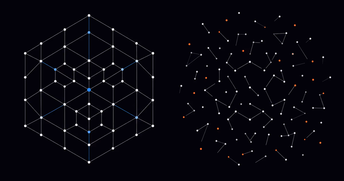 Diagram porównujący uporządkowany system AI z rozproszonym, niedziałającym wdrożeniem — symbol różnicy między poprawnością techniczną a gotowością organizacyjną firmy
