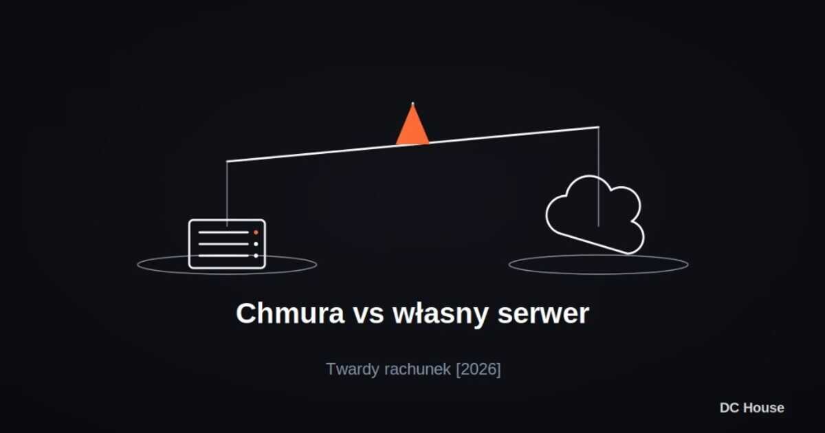 Waga porównująca koszt własnego serwera i chmury dla firmy — symbol decyzji między dwoma modelami infrastruktury IT